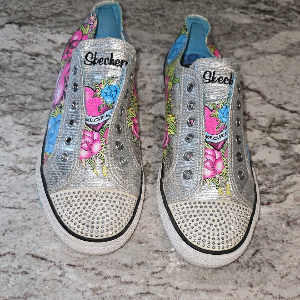 Skechers Silver Slip-On Sneakers with Pink & Blue Floral Accents